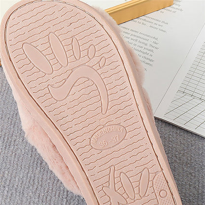 Fuzzy Cross Strap Women's Winter Flat Indoor  Slippers | ZAKAPOP