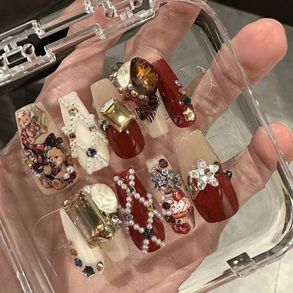 Handmade Christmas Red Velvet Teddy Bear Diamond Cute Vintage Wearable Nail Art Pieces | ZAKAPOP