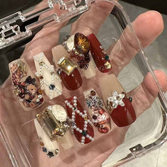 Handmade Christmas Red Velvet Teddy Bear Diamond Cute Vintage Wearable Nail Art Pieces | ZAKAPOP