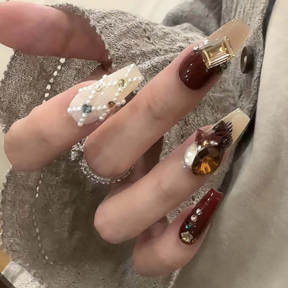Handmade Christmas Red Velvet Teddy Bear Diamond Cute Vintage Wearable Nail Art Pieces | ZAKAPOP