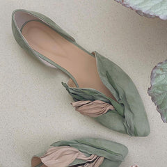 Handmade Pink Satins Flower Pointed Toe Flat Shoes | ZAKAPOP