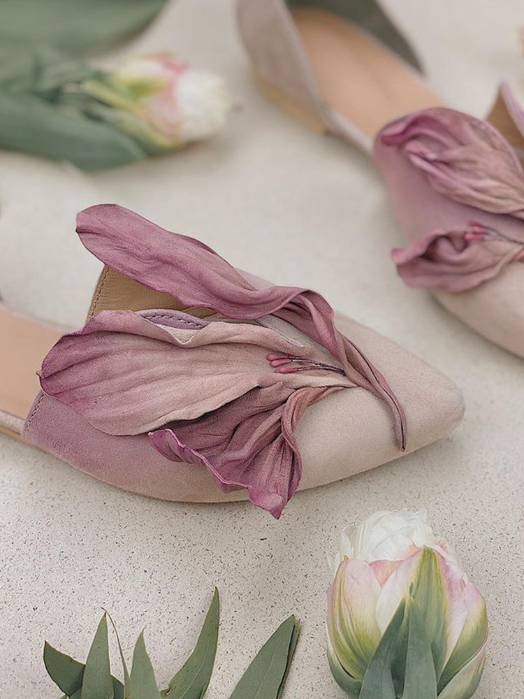 Handmade Pink Satins Flower Pointed Toe Flat Shoes | ZAKAPOP