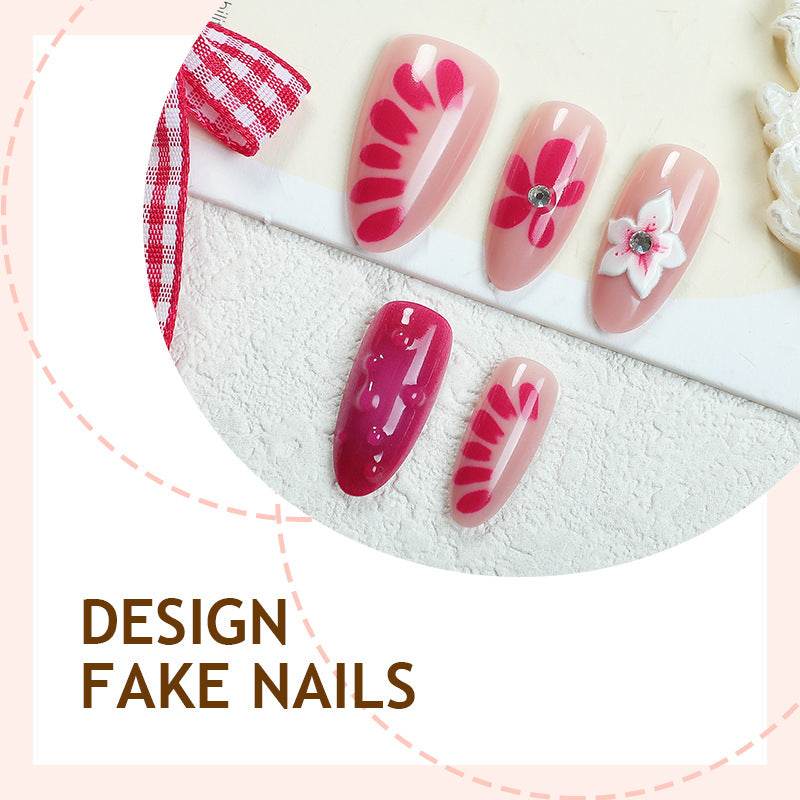Handmade Press-On Nails Kit (24pcs) – Reusable Wearable False Nails with Floral & Rhinestone Designs