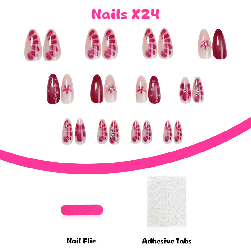 Handmade Press-On Nails Kit (24pcs) – Reusable Wearable False Nails with Floral & Rhinestone Designs
