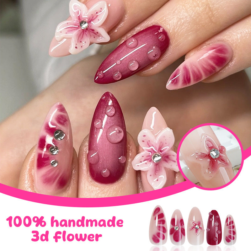Handmade Press-On Nails Kit (24pcs) – Reusable Wearable False Nails with Floral & Rhinestone Designs