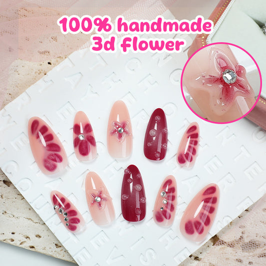 Handmade Press-On Nails Kit (24pcs) – Reusable Wearable False Nails with Floral & Rhinestone Designs