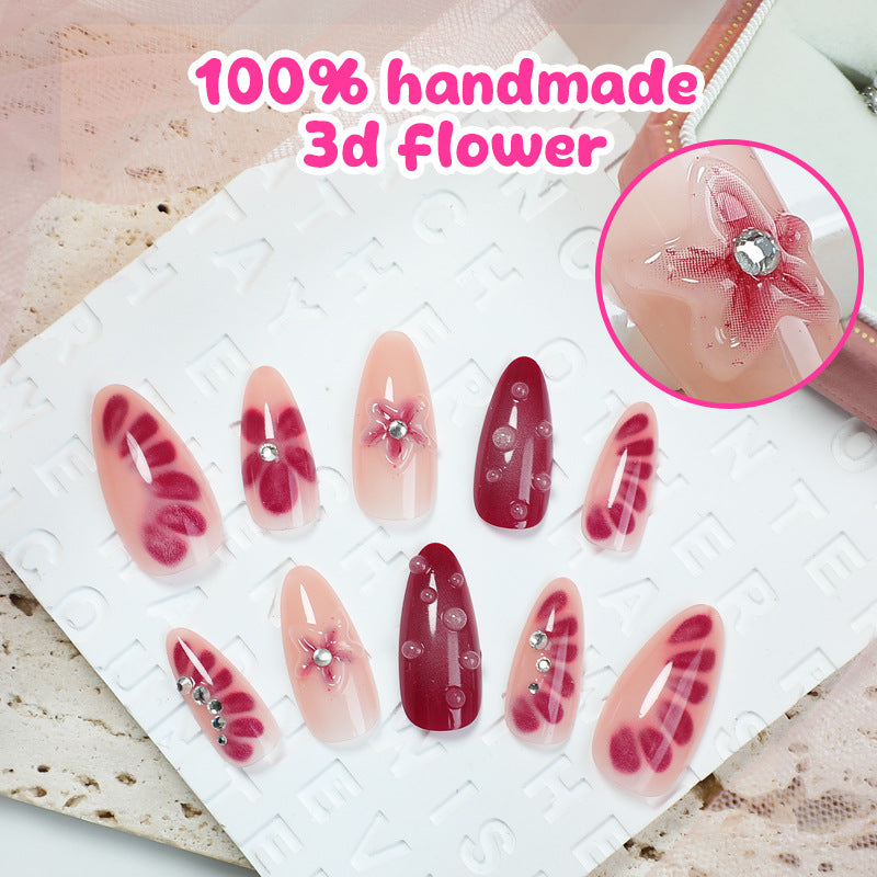 Handmade Press-On Nails Kit (24pcs) – Reusable Wearable False Nails with Floral & Rhinestone Designs