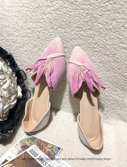 Handmade Pink Satins Flower Pointed Toe Flat Shoes | ZAKAPOP