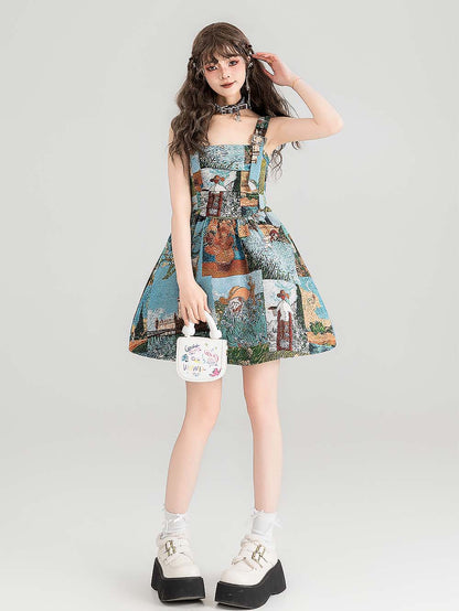 High-End Jacquard Oil Painting Style Pinafore Dress | ZAKAPOP