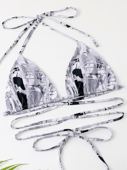 High-Waisted Drawstring Printed Three-Piece Long-Sleeve Swimsuit | ZAKAPOP