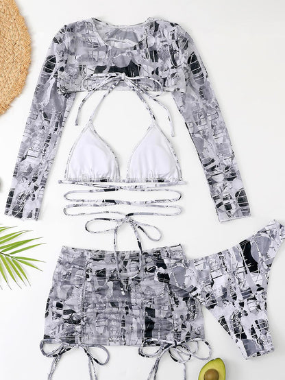 High-Waisted Drawstring Printed Three-Piece Long-Sleeve Swimsuit | ZAKAPOP