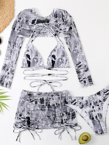 High-Waisted Drawstring Printed Three-Piece Long-Sleeve Swimsuit | ZAKAPOP