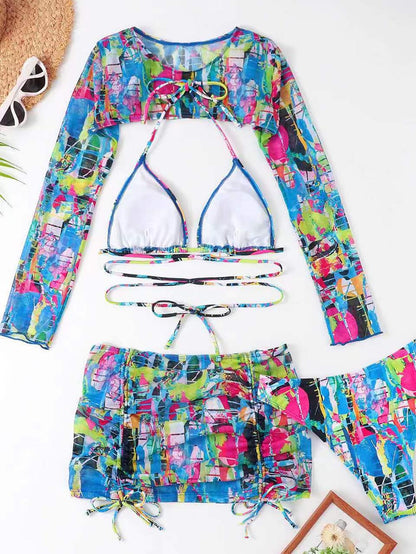 High-Waisted Drawstring Printed Three-Piece Long-Sleeve Swimsuit | ZAKAPOP