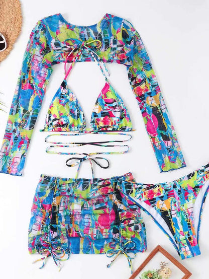 High-Waisted Drawstring Printed Three-Piece Long-Sleeve Swimsuit | ZAKAPOP
