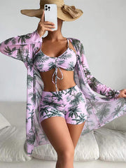 Women's Coconut Tree Print Three-Piece Set Swimsuit with Long-Sleeve Ins Hoodie | ZAKAPOP