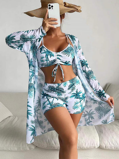 Women's Coconut Tree Print Three-Piece Set Swimsuit with Long-Sleeve Ins Hoodie | ZAKAPOP