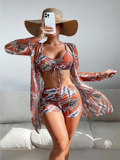 Women's Coconut Tree Print Three-Piece Set Swimsuit with Long-Sleeve Ins Hoodie | ZAKAPOP