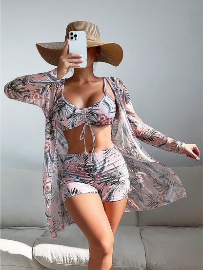 Women's Coconut Tree Print Three-Piece Set Swimsuit with Long-Sleeve Ins Hoodie | ZAKAPOP