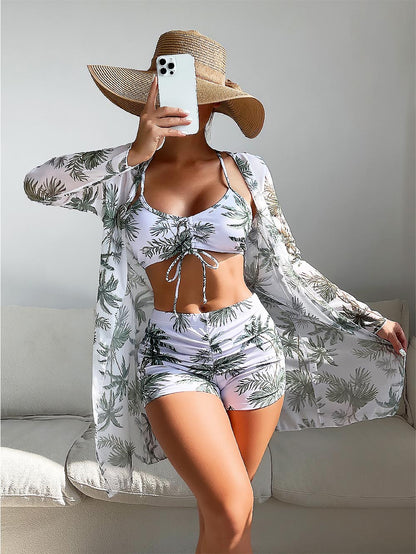 Women's Coconut Tree Print Three-Piece Set Swimsuit with Long-Sleeve Ins Hoodie | ZAKAPOP