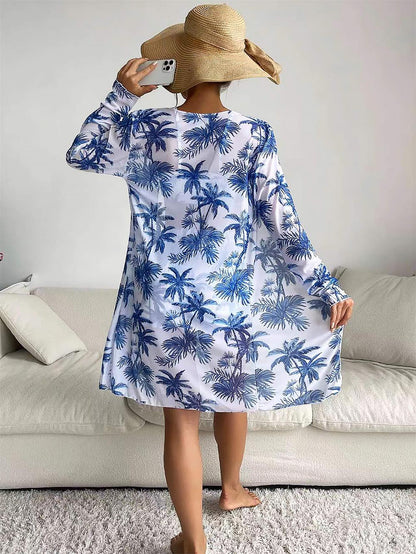 Women's Coconut Tree Print Three-Piece Set Swimsuit with Long-Sleeve Ins Hoodie | ZAKAPOP