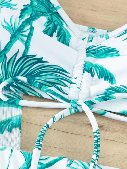 Women's Coconut Tree Print Three-Piece Set Swimsuit with Long-Sleeve Ins Hoodie | ZAKAPOP