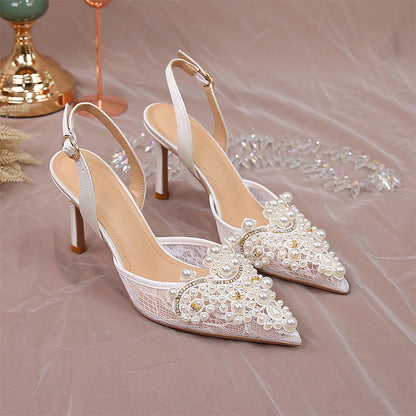 Ivory Crochet Lace Pointy Toe Heels with Small Pearls Applique | ZAKAPOP