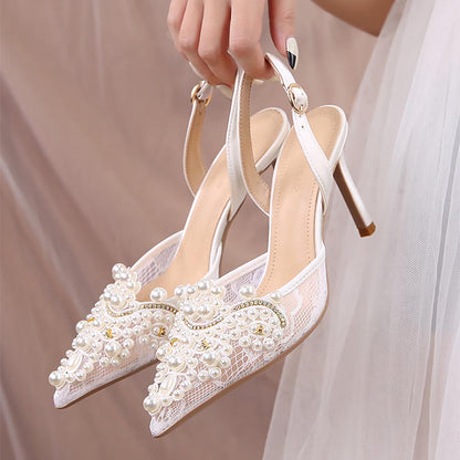 Ivory Crochet Lace Pointy Toe Heels with Small Pearls Applique | ZAKAPOP