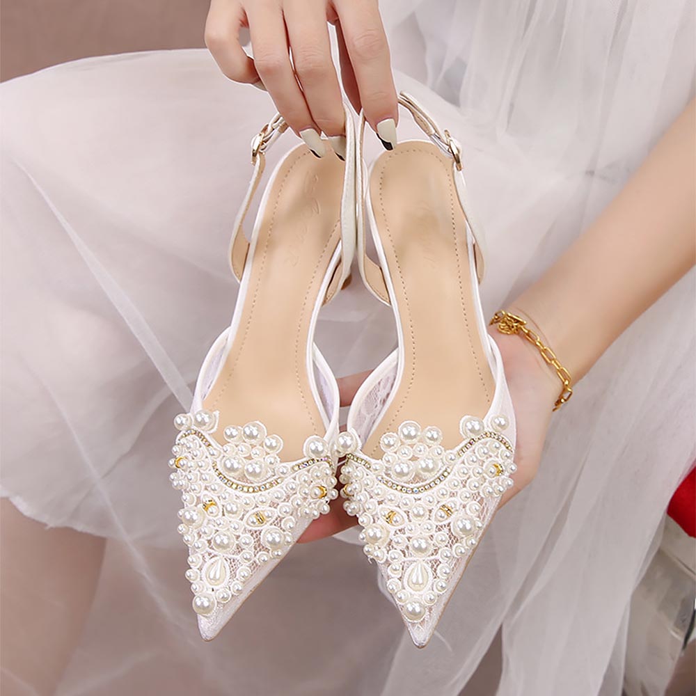 Classy Apricot Lace Bow Zircon Splicing High Heel Pointed Toe main image 1