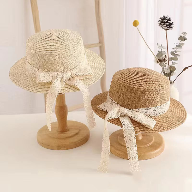 Lace Ribbon Straw Sun Hat – Elegant Summer Beach Bucket Hat