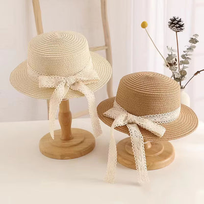 Lace Ribbon Straw Sun Hat – Elegant Summer Beach Bucket Hat