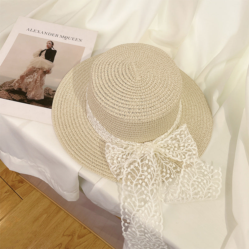 Lace Ribbon Straw Sun Hat – Elegant Summer Beach Bucket Hat