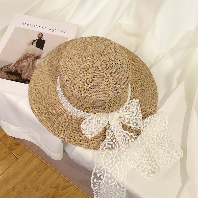 Lace Ribbon Straw Sun Hat – Elegant Summer Beach Bucket Hat
