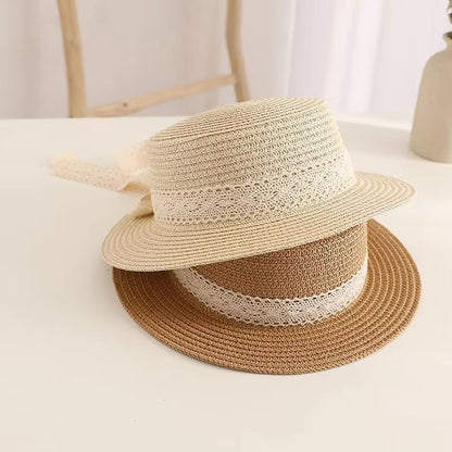 Lace Ribbon Straw Sun Hat – Elegant Summer Beach Bucket Hat