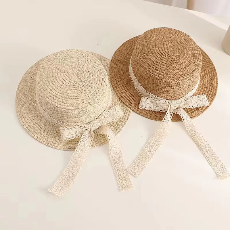 Lace Ribbon Straw Sun Hat – Elegant Summer Beach Bucket Hat