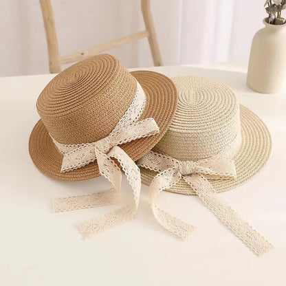 Lace Ribbon Straw Sun Hat – Elegant Summer Beach Bucket Hat