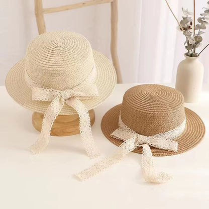 Lace Ribbon Straw Sun Hat – Elegant Summer Beach Bucket Hat