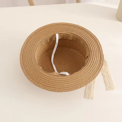 Lace Ribbon Straw Sun Hat – Elegant Summer Beach Bucket Hat