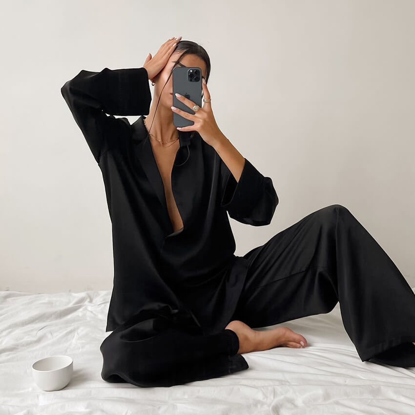 Ladies' Thin Faux Silk Shirt and Long Pants Two-Piece Loungewear Set | ZAKAPOP