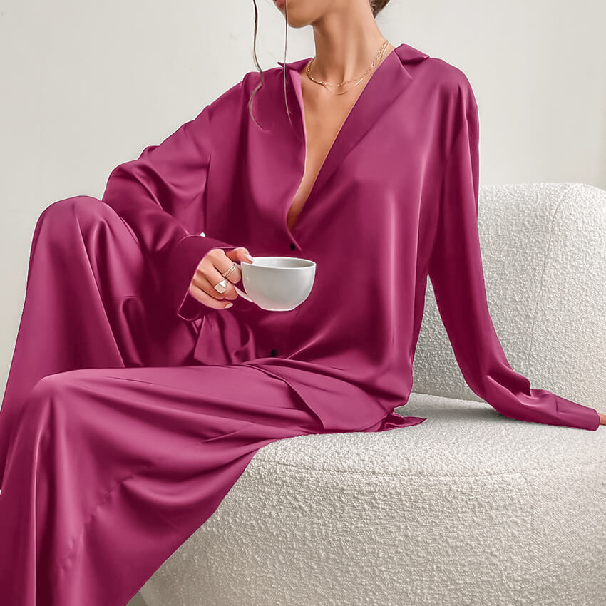 Ladies' Thin Faux Silk Shirt and Long Pants Two-Piece Loungewear Set | ZAKAPOP