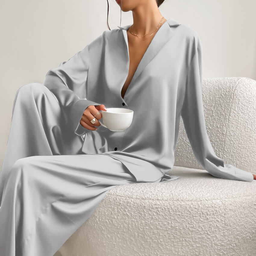 Ladies' Thin Faux Silk Shirt and Long Pants Two-Piece Loungewear Set | ZAKAPOP