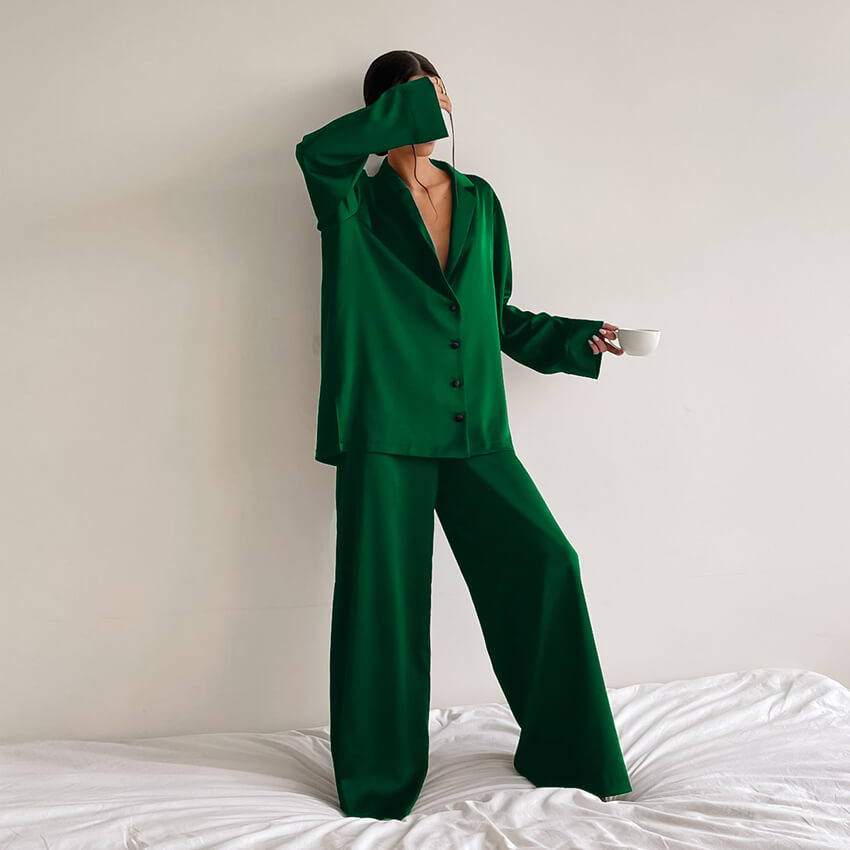 Ladies' Thin Faux Silk Shirt and Long Pants Two-Piece Loungewear Set | ZAKAPOP