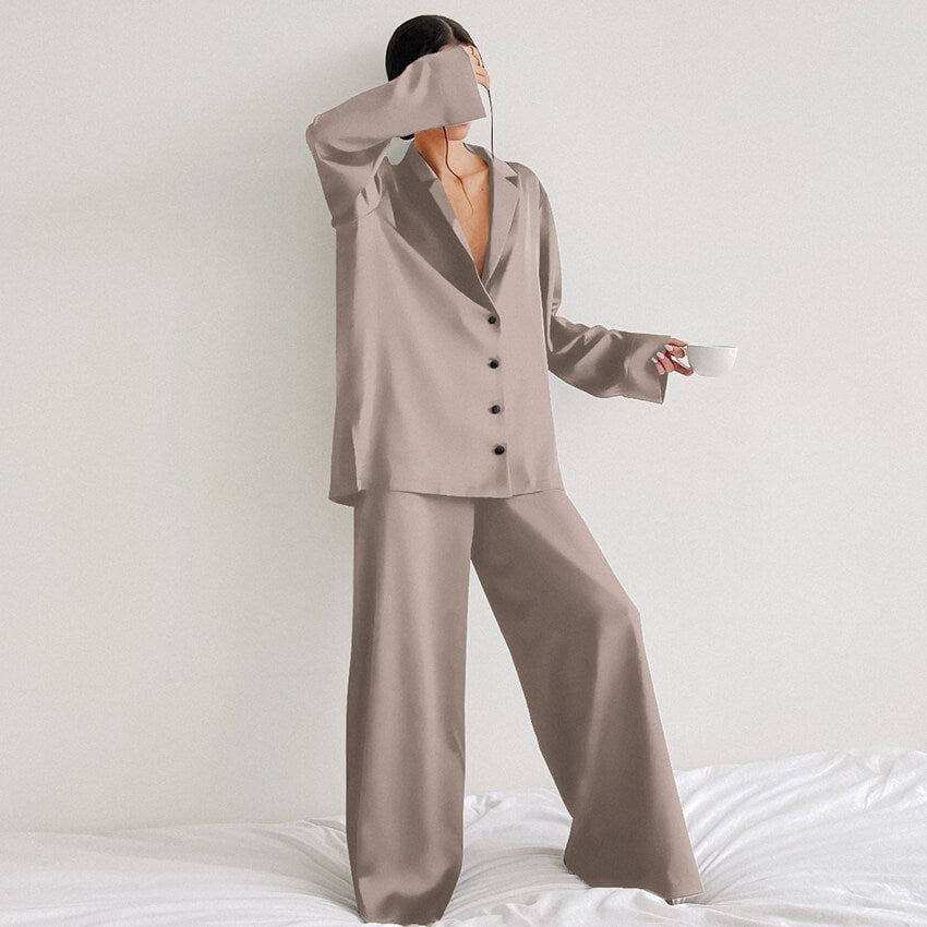 Ladies' Thin Faux Silk Shirt and Long Pants Two-Piece Loungewear Set | ZAKAPOP