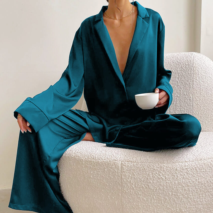 Ladies' Thin Faux Silk Shirt and Long Pants Two-Piece Loungewear Set | ZAKAPOP