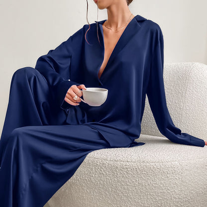 Ladies' Thin Faux Silk Shirt and Long Pants Two-Piece Loungewear Set | ZAKAPOP