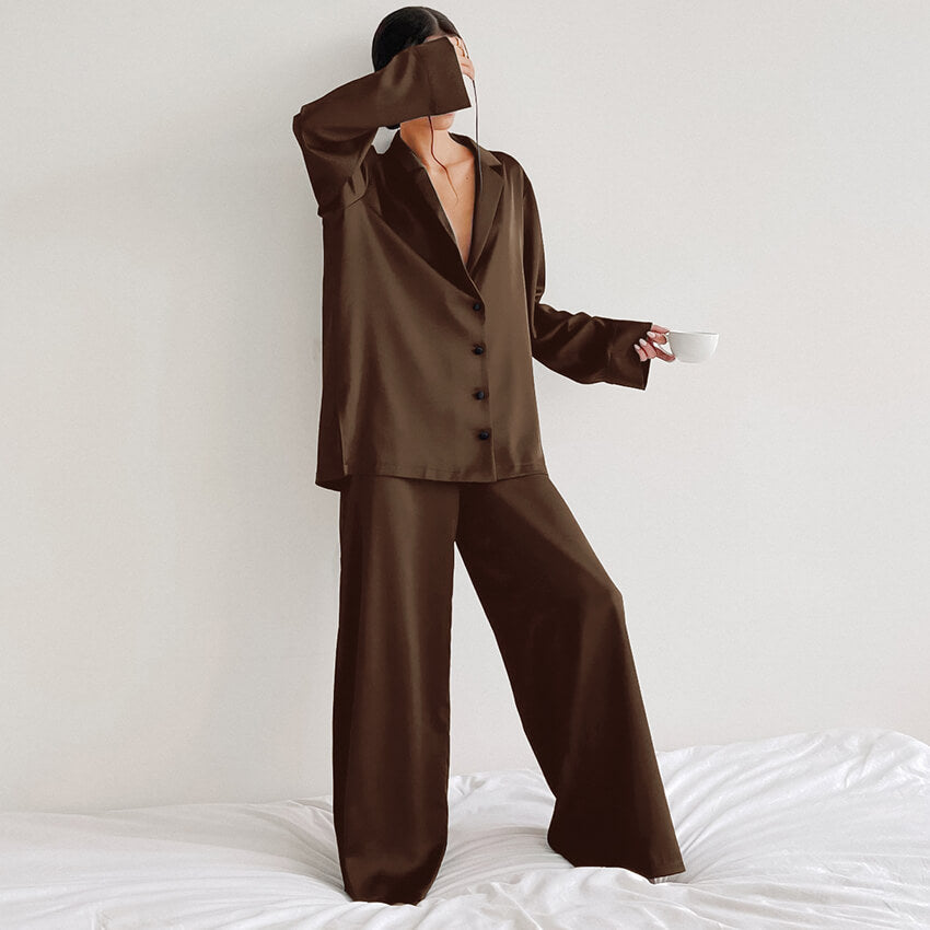 Ladies' Thin Faux Silk Shirt and Long Pants Two-Piece Loungewear Set | ZAKAPOP
