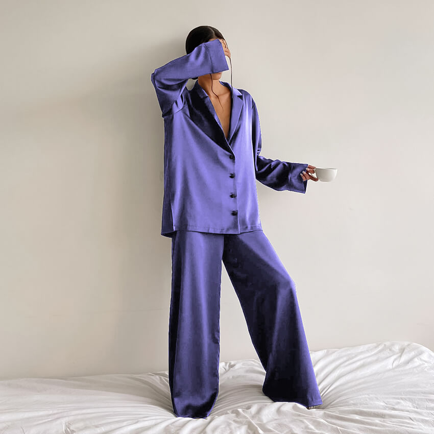 Ladies' Thin Faux Silk Shirt and Long Pants Two-Piece Loungewear Set | ZAKAPOP
