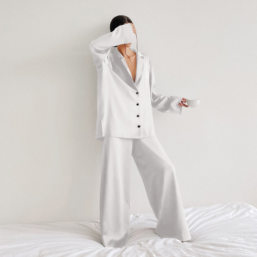 Ladies' Thin Faux Silk Shirt and Long Pants Two-Piece Loungewear Set | ZAKAPOP