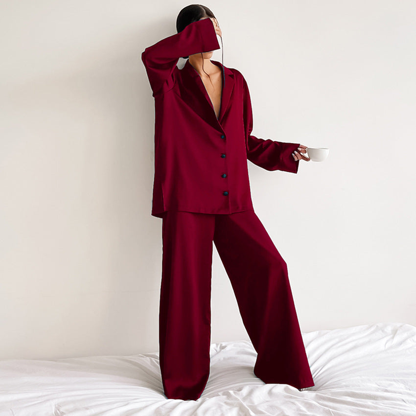 Ladies' Thin Faux Silk Shirt and Long Pants Two-Piece Loungewear Set | ZAKAPOP