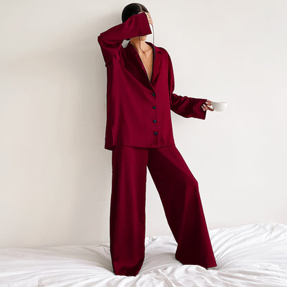 Ladies' Thin Faux Silk Shirt and Long Pants Two-Piece Loungewear Set | ZAKAPOP