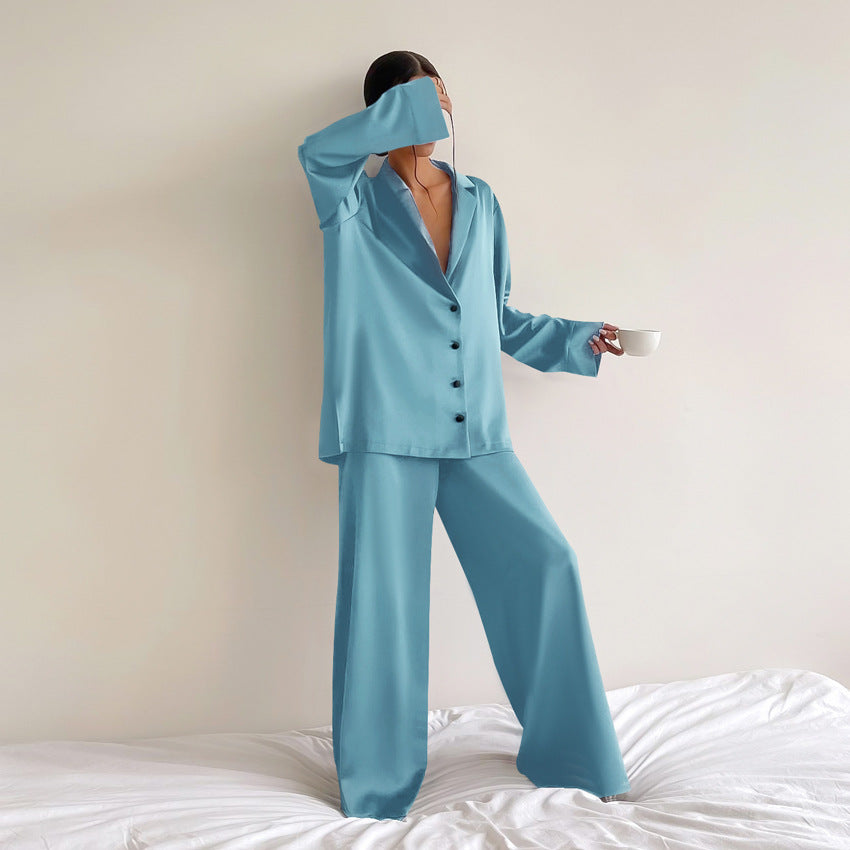 Ladies' Thin Faux Silk Shirt and Long Pants Two-Piece Loungewear Set | ZAKAPOP